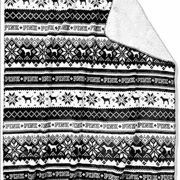 VS Pink Fair Isle Sherpa Blanket | throw black & white - Picture 6 of 6
